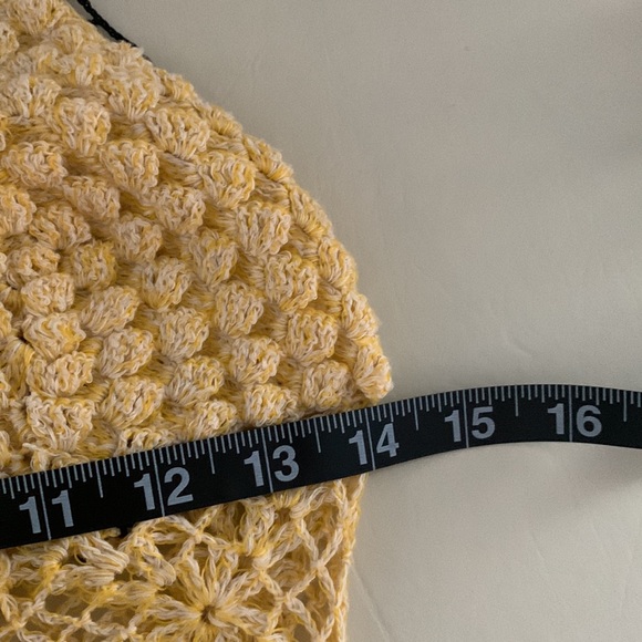 Crochet Yellow w/ Black trim dress w/ thin straps & handkerchief hem. Unlined.xs - Picture 7 of 8